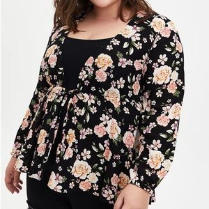 Torrid Black Floral Crepe Tie-Front Kimono 1X